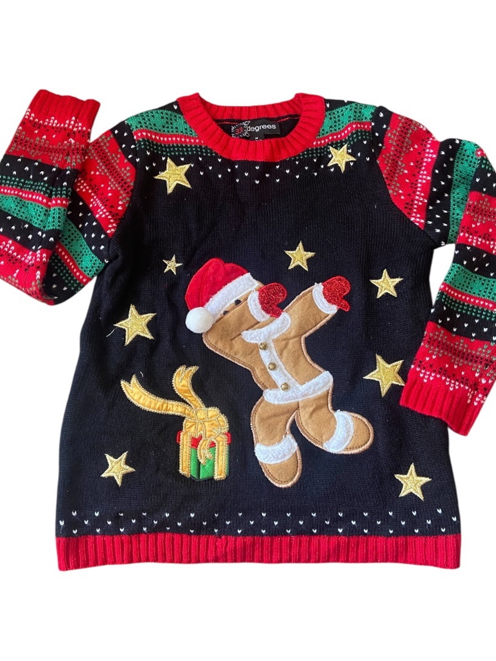 32 Degrees Kids Black Holiday Gingerbread Sweater - Red & Green Accents